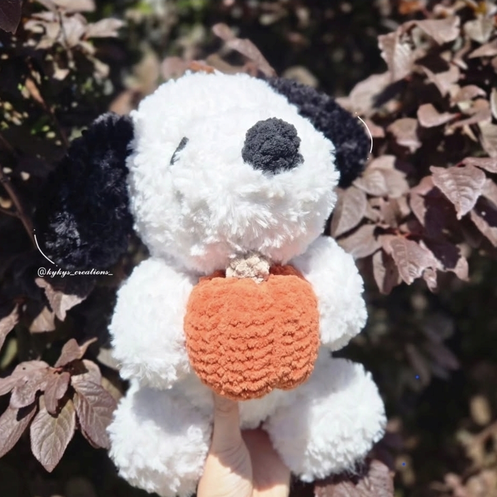 Plush White & Black Puppy Toy with Orange Pumpkin - Soft Dog Plush